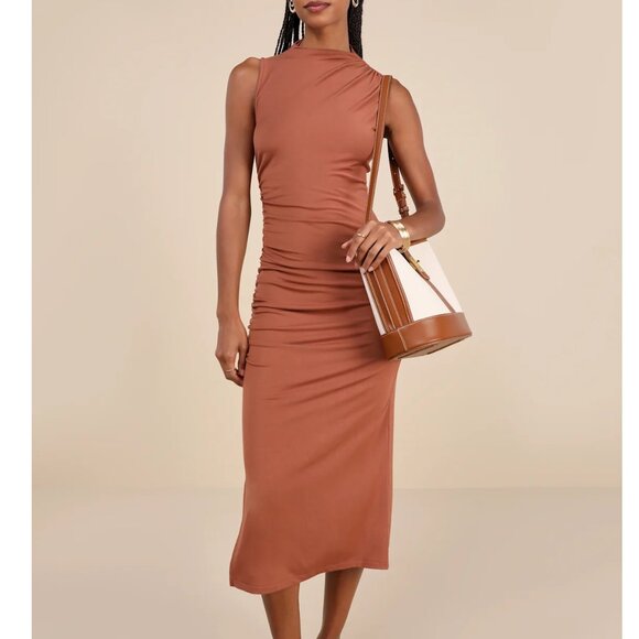 Lulus Dresses & Skirts - Elevated Presence Sleeveless Ruched Funnel Neck Midi Dress -NWT!